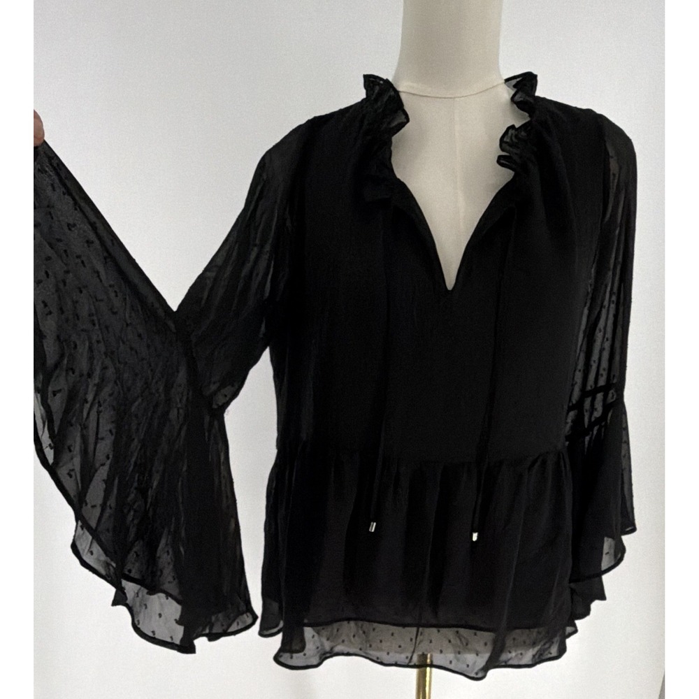 WHBM Black Sheer Chiffon Ruffle Witchy Goth Bell Sleeve 12 Large